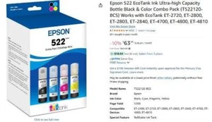 NWOB Epson 522 EcoTank Ink Ultra-high Capacity Bottle Black & Color Combo Pack - Picture 1 of 2