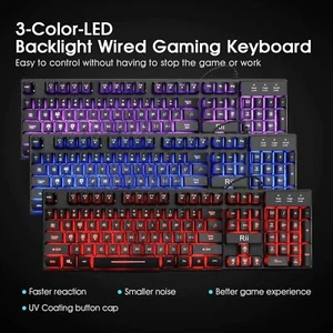 A RK100 3 Color LED Backlit Mechanical Feeling Gaming Keyboard Black USB Wired - Picture 1 of 7