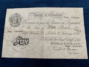 British Banknote White Five Pound P.S.Beale February 1951