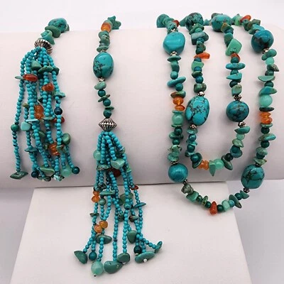 Ожерелье из стерлингового серебра 925 пробы с бирюзой хризопраз лариат кисточки 58 дюймов Ag 2380 - Изображение 1 из 4