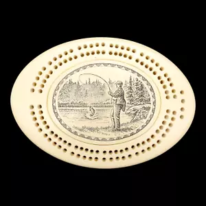 Scrimshaw Fly Fishing Cribbage Board 7" vtg Etched Fisherman North Coast Trading - Picture 1 of 8