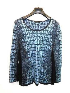 Nic + Zoe XL Black Blue Print Sweater Flattering Side Stripe Long Sleeve Bateau