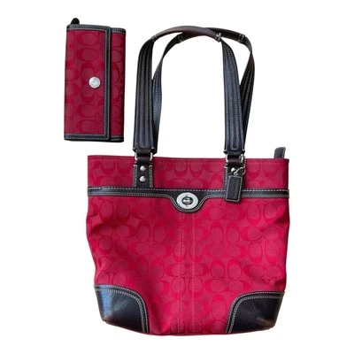 Coach Signature C Canvas Satchel Medium Purse Leather Trim Wallet Cherry Hot Red - Image 1 of 4