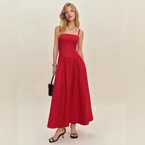 NEW Reformation Katarin Linen Midi Dress Lipstick Red Lace Detail | US 0 UK 4 - Picture 1 of 15