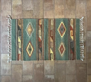 Fine Mexican Southwest Hand Woven Wool Area Rug 42” X 22.5” Green Brown Gold - Picture 1 of 11