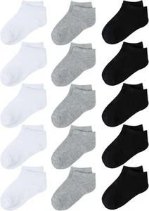 Cooraby 15 Pack Kids' Half Cushion Low Cut 4-6 Years, Black, Gray, White  - Picture 1 of 5