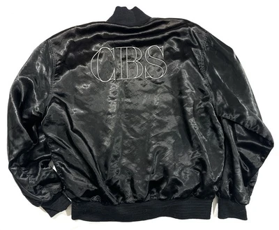 Винтажная атласная куртка-бомбер CBS черная с застежкой спереди стиль экипажа 80-90-е ТВ-сеть - Изображение 1 из 4