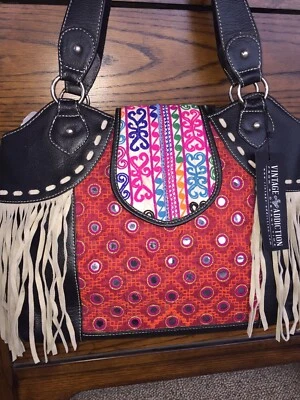 NWT Vintage Addiction Black Pebble Leather Artisan Fabric Fringe Bag MSRP $700 - Image 1 of 4