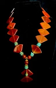 SOUTHWEST 925 Silver Vintage Turquoise Carnelian Fan Handmade Necklace Gold Tone - Picture 1 of 10