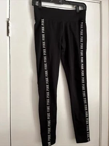 Victoria's Secret PINK black leggings Size S COZY Side Logo Stripes Shiny Silver - Picture 1 of 4