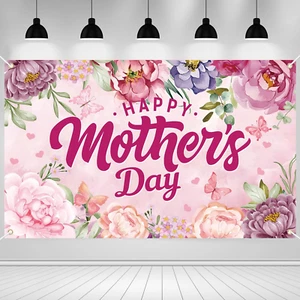 Mothers Day Decorations, Happy Mothers Day Backdrop Banner, Flowers Pink Mother' - Picture 1 of 7
