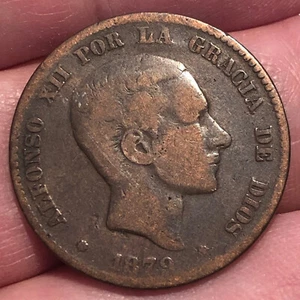 1879-OM Spain 10 Centimos Bronze Coin - F (Fine) condition - Picture 1 of 4