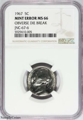 MINT ERROR 1967 Jefferson Nickel ~ NGC MS66 ~ OBVERSE DIE BREAK JNC-67-6 410-005 - Image 1 of 4