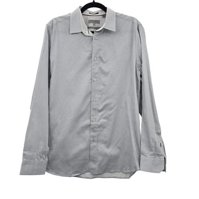 Camisa Ted Baker Para Hombre Mediana Blanca Azul Marino Micro Estampado Manga Larga Abotonada Trabajo Foto 1 de 4