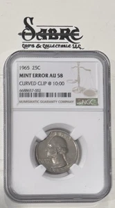 1965 25c AU 58 NGC CERTIFIED US MINT ERROR CURVED CLIP @ 10:00, Sliver Clad - Picture 1 of 5