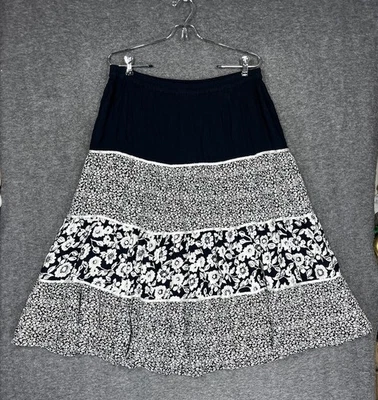 复古 Cathy Daniels 农民裙 M 码黑色白色花卉分层 Midi Boho — 第 1/4 张图片