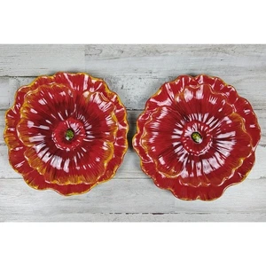 2 - PIER 1 IMPORTS Poppies 8” Red Flower Salad Plates Hand Painted Earthenware - Picture 1 of 5