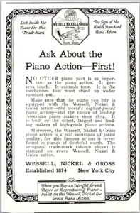 PRINT AD 1925 Wessell Nickel & Gross Piano Action New York SMALL 3 x 4 - Picture 1 of 3
