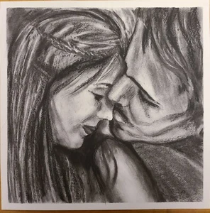 Pintura original al carbón dibujo amor beso enmarcado firmado bellas artes realistas - Imagen 1 de 2