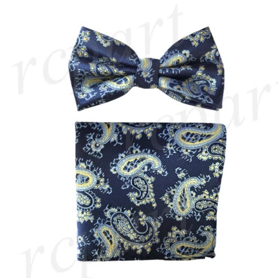 Nuevo Para hombres Microfibra Pre-atado Pajarita y Pañuelo Azul Amarillo Paisley Fiesta Formal Foto 1 de 3