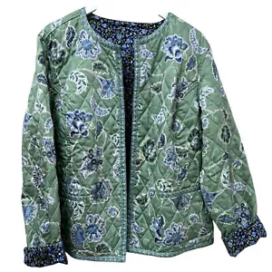 APPLESEEDS Quilted Jacket XL Reversible Floral Green Blue Cotton Preppy Spring - Picture 1 of 10