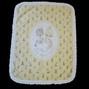 VTG Precious Moments Baby Quilt Blanket Angels Yellow Unisex Boy Girl Animals - Picture 1 of 10