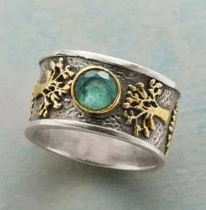 Vintage Silver Big Tree Ring Green Zircon Women’s Jewelry Party Gift 2025 - Picture 1 of 3