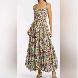 Mac Duggal Midi Blumen Rüschen Stufen Baumwolle langes Kleid Gr. 4 - Bild 1 von 5