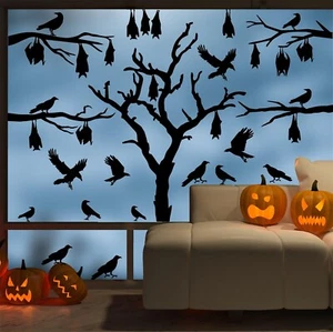 Large Halloween Window Stickers Halloween Tree Wall Decals Bats Stickers Blac... - Picture 1 of 8