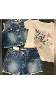 Pink Rabbit Girls Size 36M- Shirt,  Denim Shorts & Vest  Outfit Summer Clothes - Picture 1 of 3