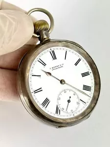 Antico orologio da tasca svizzero J. Myers & Co a leva senza chiave, anni 1890 circa, cassa argento 935 - Foto 1 di 14