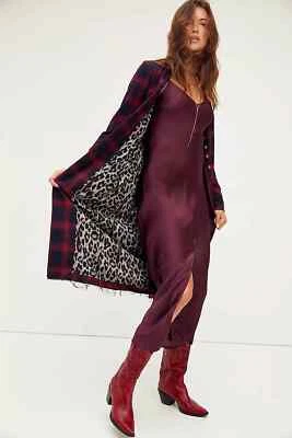 PVP $198 Free People Odessa Chaqueta Larga Plumero Vintage a Cuadros, Rojo Negro, X-Pequeño Foto 1 de 4