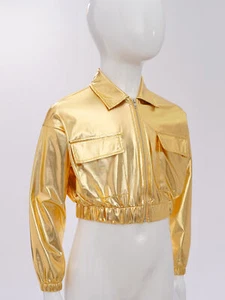 Kids Girls Dance Jacket Metallic Flip Collar Zipper Blazer with Flap Pockets - Picture 1 of 128