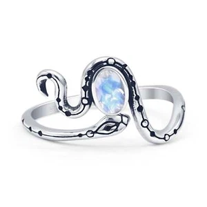 Minimalist Oval Snake Oxidized Ring Moonstone 925 Sterling Silver 11.8mm - Picture 1 of 28