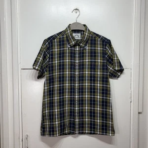 Brutus Trimfit Shirt Navy Yellow Button Down Short Sleeve Cotton Slim Size Large - Picture 1 of 11