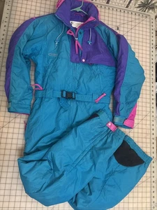 Vtg 80s 90 COLUMBIA Ski Full Suit Aqua Blue Tuck Hood Snowsuit Bib Womens Size M - Picture 1 of 18