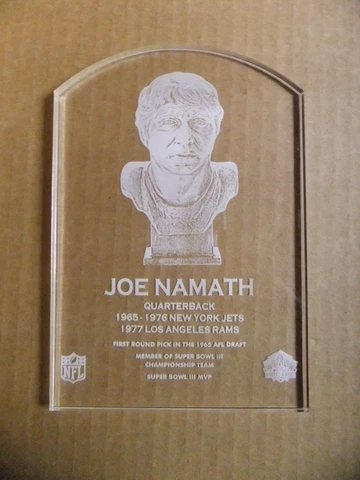 L#B36 Joe Namath, New York Jets, etched HOF bust plaque w/ wooden stand Cover