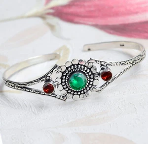 Chrome Diopside & Garnet Cut Gemstone 925 Sterling Silver Girl's Beauty Bangle - Picture 1 of 7