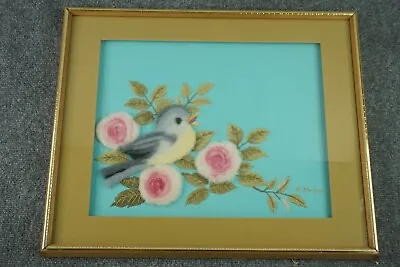Hoja Floral Rosa Bordada A Mano De Pájaro Con Aguja Rosa Enmarcada De Colección 21x16 • 68.73€