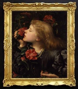 Old Master-Art Portrait Antique Oil Painting girl Flowers on canvas 24"x30" - Picture 1 of 2