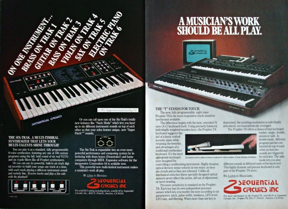 2 x SEQUENTIAL CIRCUITS (Six-Trak/Prophet-T8) SYNTHESIZER Vintage ADVERTS 1984 - Image 1 of 1