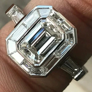 3 Ct Emerald Cut Simulated Diamond Women's Ring 14K White Gold Plated Silver - Picture 1 of 6