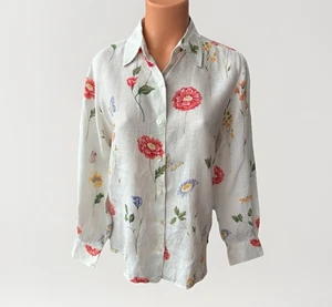 Vintage Talbots Irish Linen Button Up Shirt Size 12P Floral White  - Picture 1 of 6