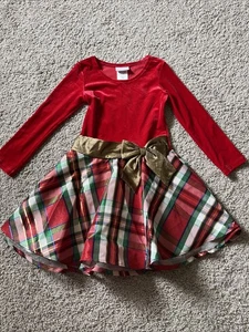 Girls Bonnie Jean L/S Red Velvet And Plaid Taffeta Holiday Dress Sz 5 Gold Bow - Picture 1 of 5