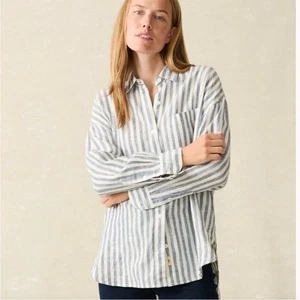 Camisa relajada de lino Faherty Laguna en Ocean Lucy a rayas azul crema talla mediana - Imagen 1 de 8