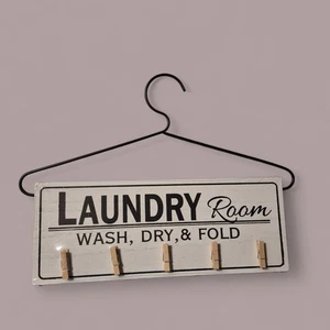 LAUNDRY room wood sign "Laundry Room wash, dry, and fold" with single sock clips - Picture 1 of 2