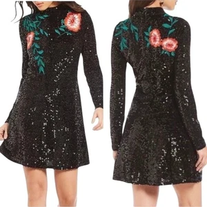 Gianni Bini Tallulah Black Sequin Embroidered Floral Dress 8 - Picture 1 of 11