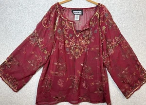 Indigo Moon Boho Embroidered Sequin Sheer Floral Peasant Top Red Gold Women’s XL - Picture 1 of 9