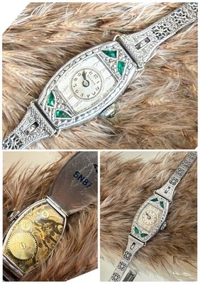 1930 女士艺术装饰翡翠宝路华手表 ~ 美国小姐 ~ Filigree 表带 — 第 1/4 张图片