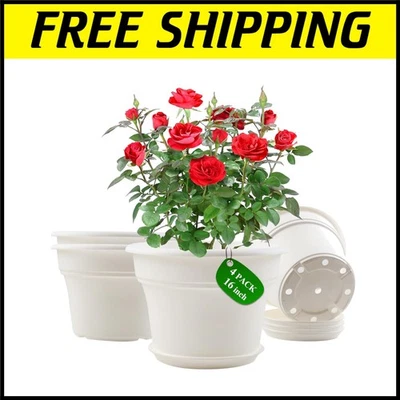Large 16-Inch White Planter Set with Saucers - Durable Resin Pots for All Plants — 第 1/4 张图片
